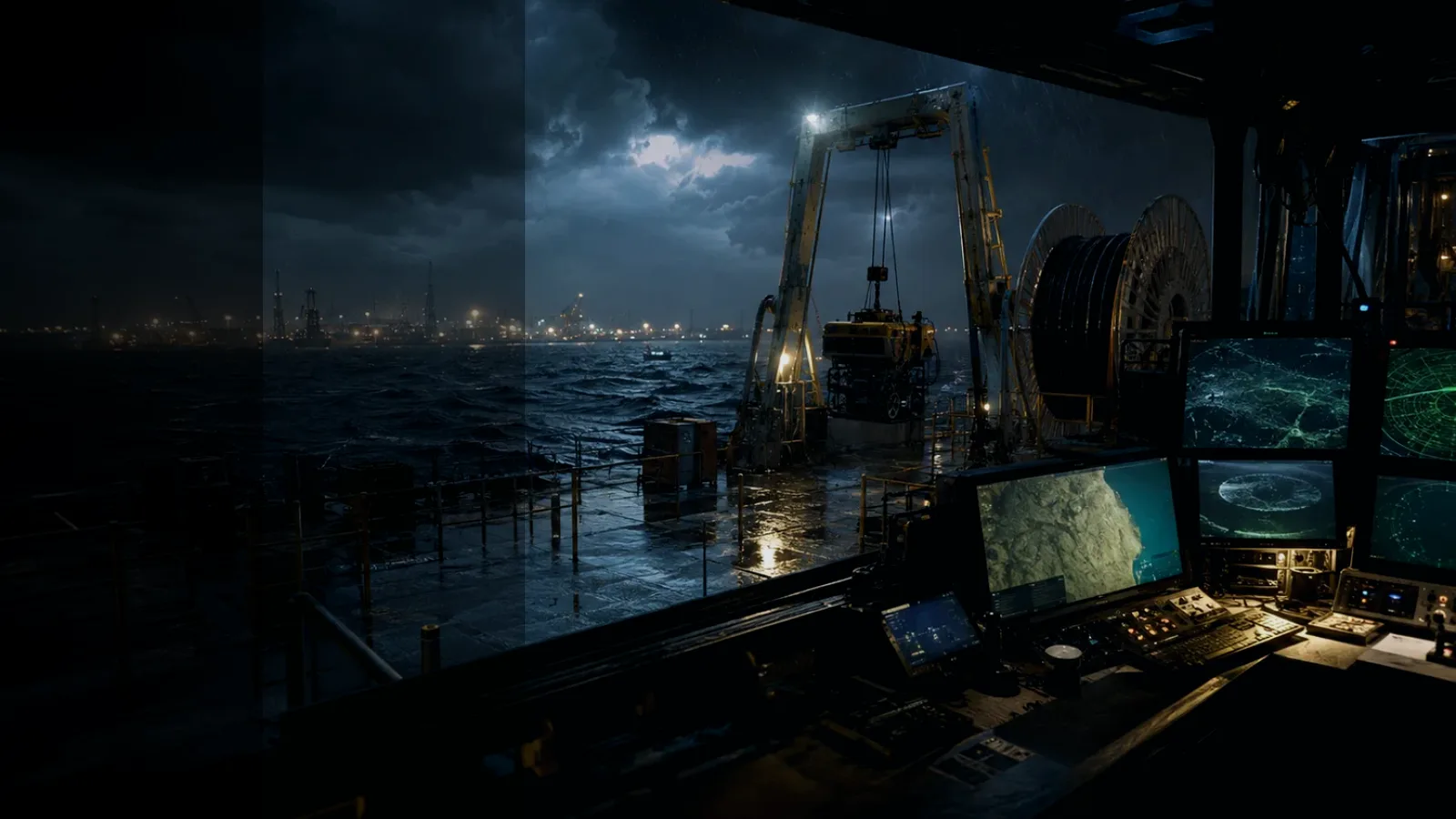 Seabed Obstruction subtopic background showing subsea operations deck, A-frame launch silhouette, underwater survey grid and cable-route tension
