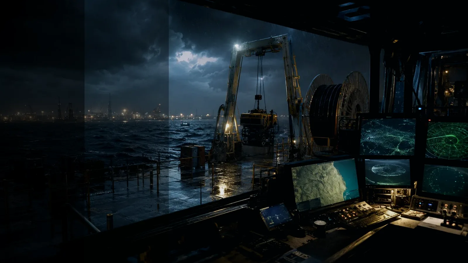 Sonar subtopic background showing subsea operations deck, A-frame launch silhouette, underwater survey grid and cable-route tension