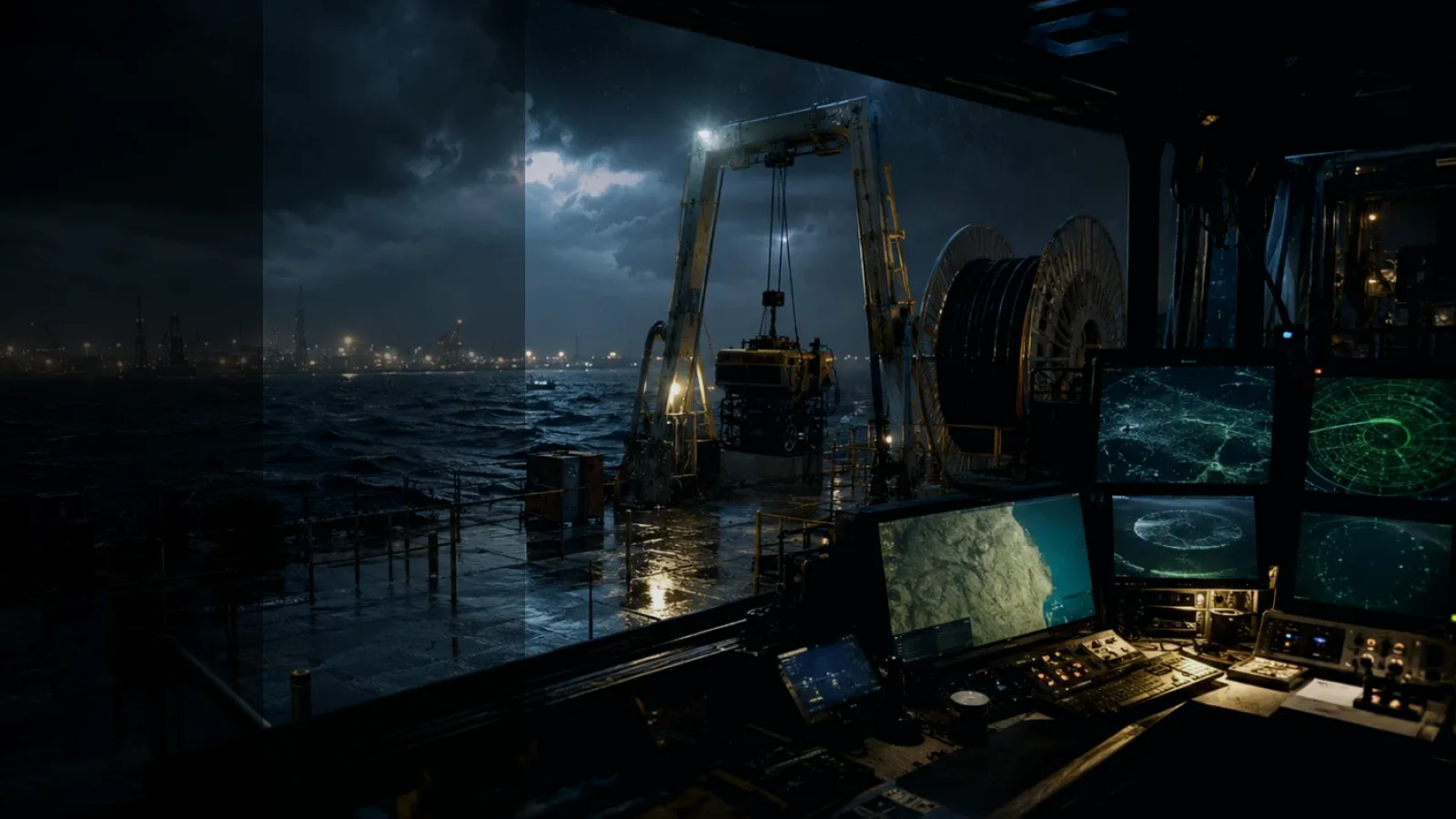 Submarine Communications Cable subtopic background showing subsea operations deck, A-frame launch silhouette, underwater survey grid and cable-route tension