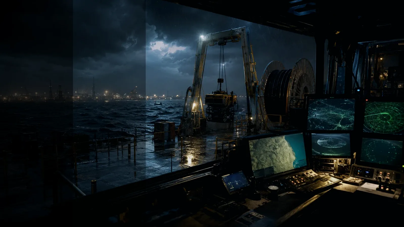 Subsea Cable subtopic background showing subsea operations deck, A-frame launch silhouette, underwater survey grid and cable-route tension