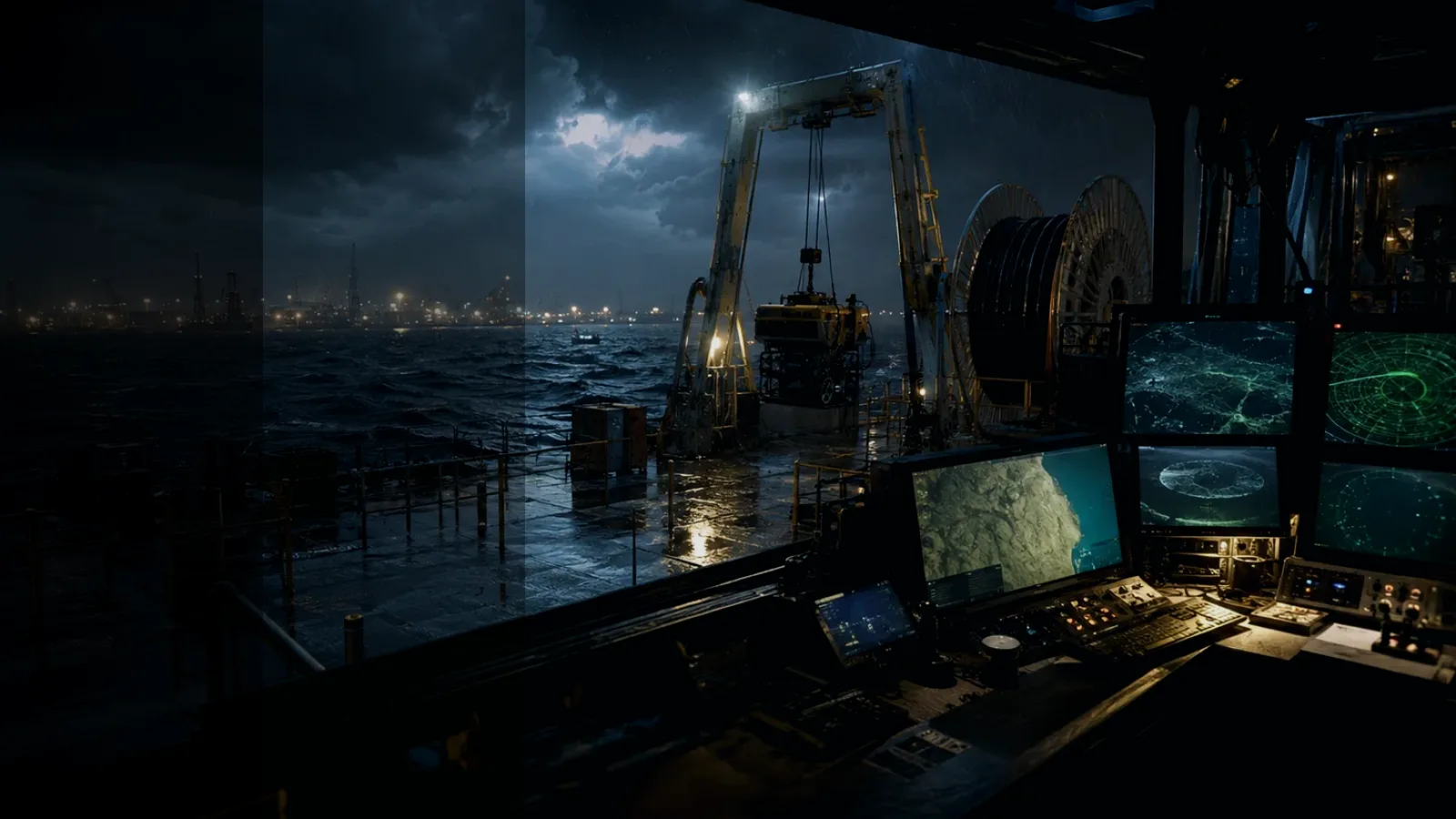 Underwater Camera subtopic background showing subsea operations deck, A-frame launch silhouette, underwater survey grid and cable-route tension