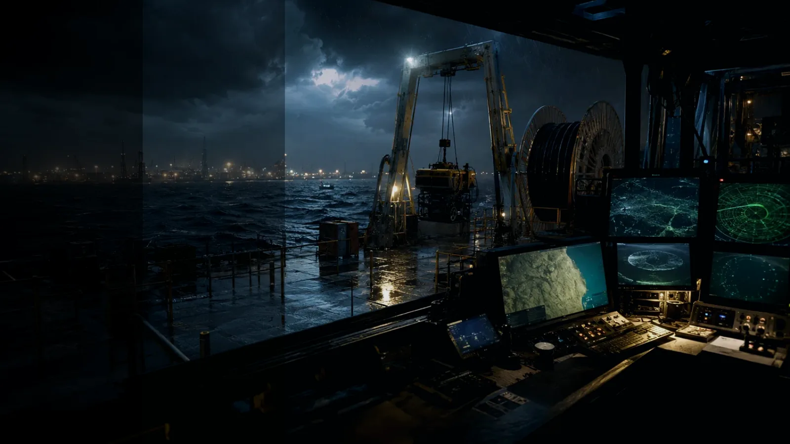 Underwater Recovery subtopic background showing subsea operations deck, A-frame launch silhouette, underwater survey grid and cable-route tension