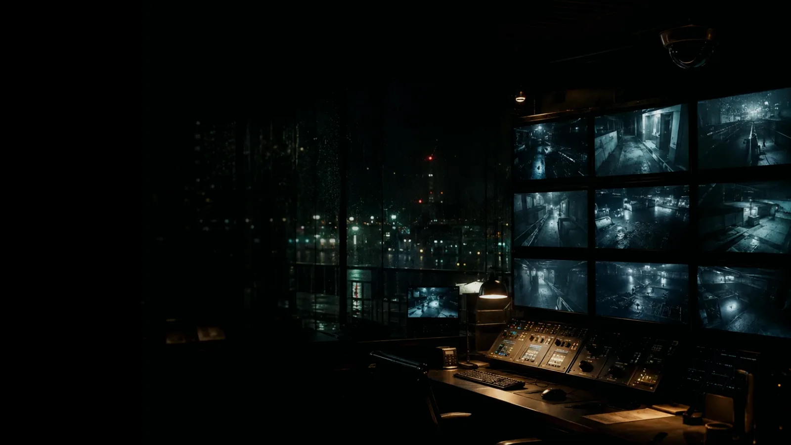 CCTV subtopic background showing surveillance monitor wall, CCTV camera angle and physical-security observation
