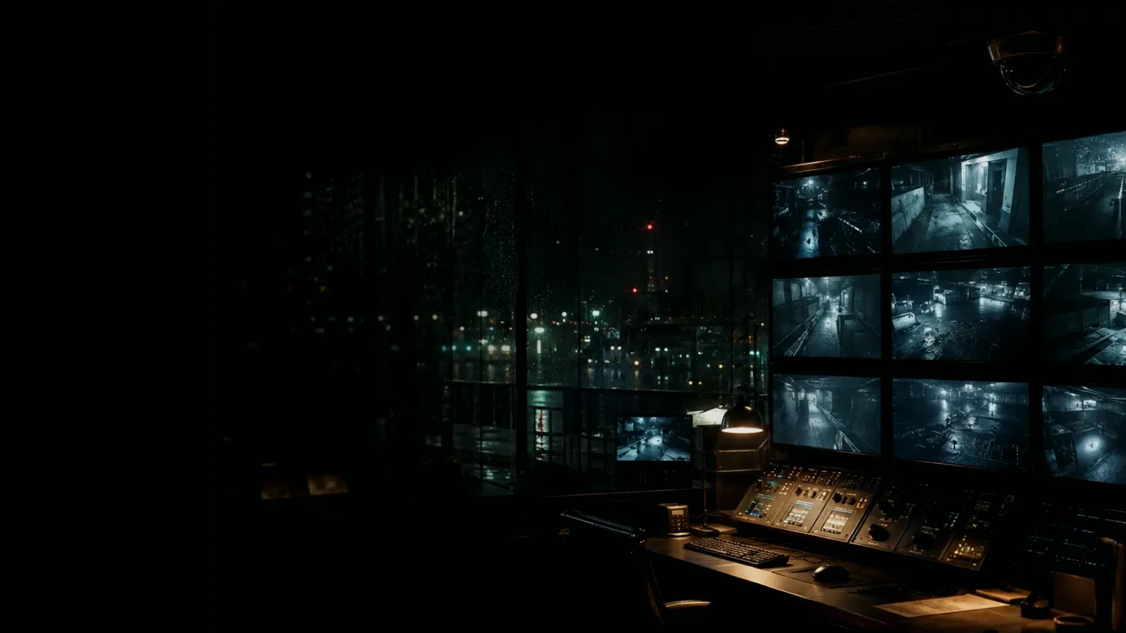 Evidence Locker subtopic background showing surveillance monitor wall, CCTV camera angle and physical-security observation