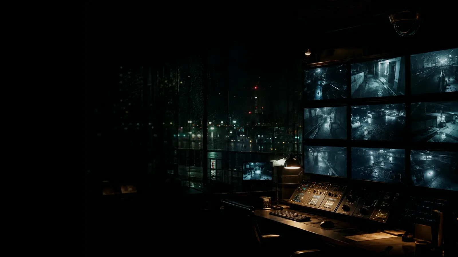 Keycard subtopic background showing surveillance monitor wall, CCTV camera angle and physical-security observation