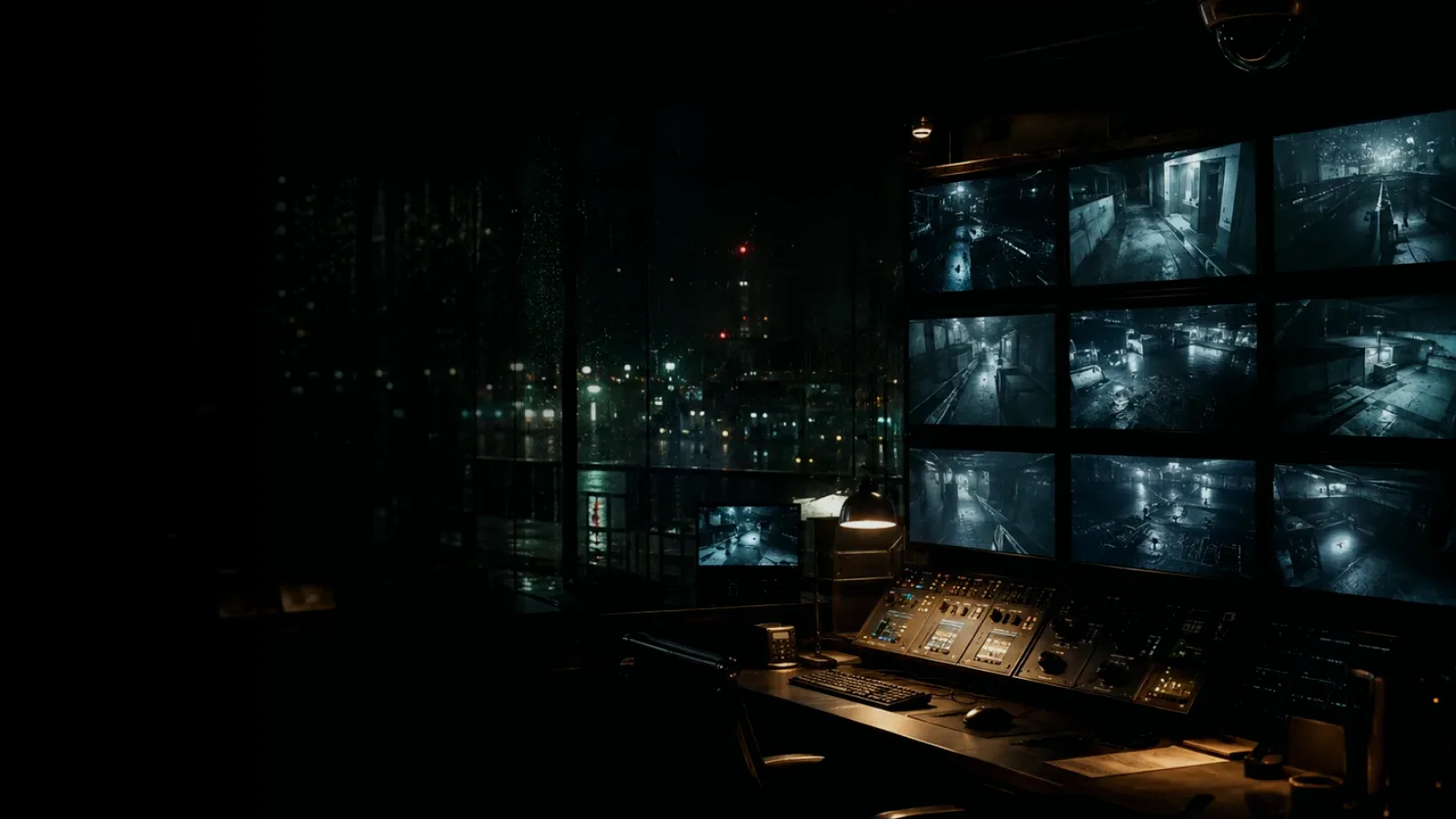 Physical Search subtopic background showing surveillance monitor wall, CCTV camera angle and physical-security observation