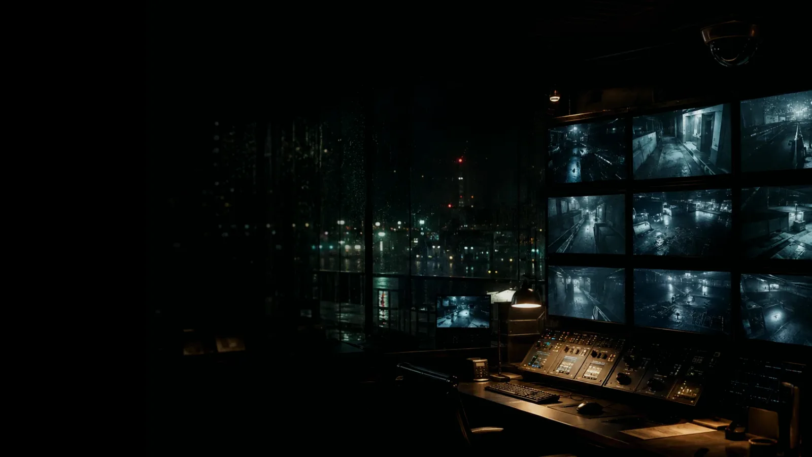 Safe House Security subtopic background showing surveillance monitor wall, CCTV camera angle and physical-security observation