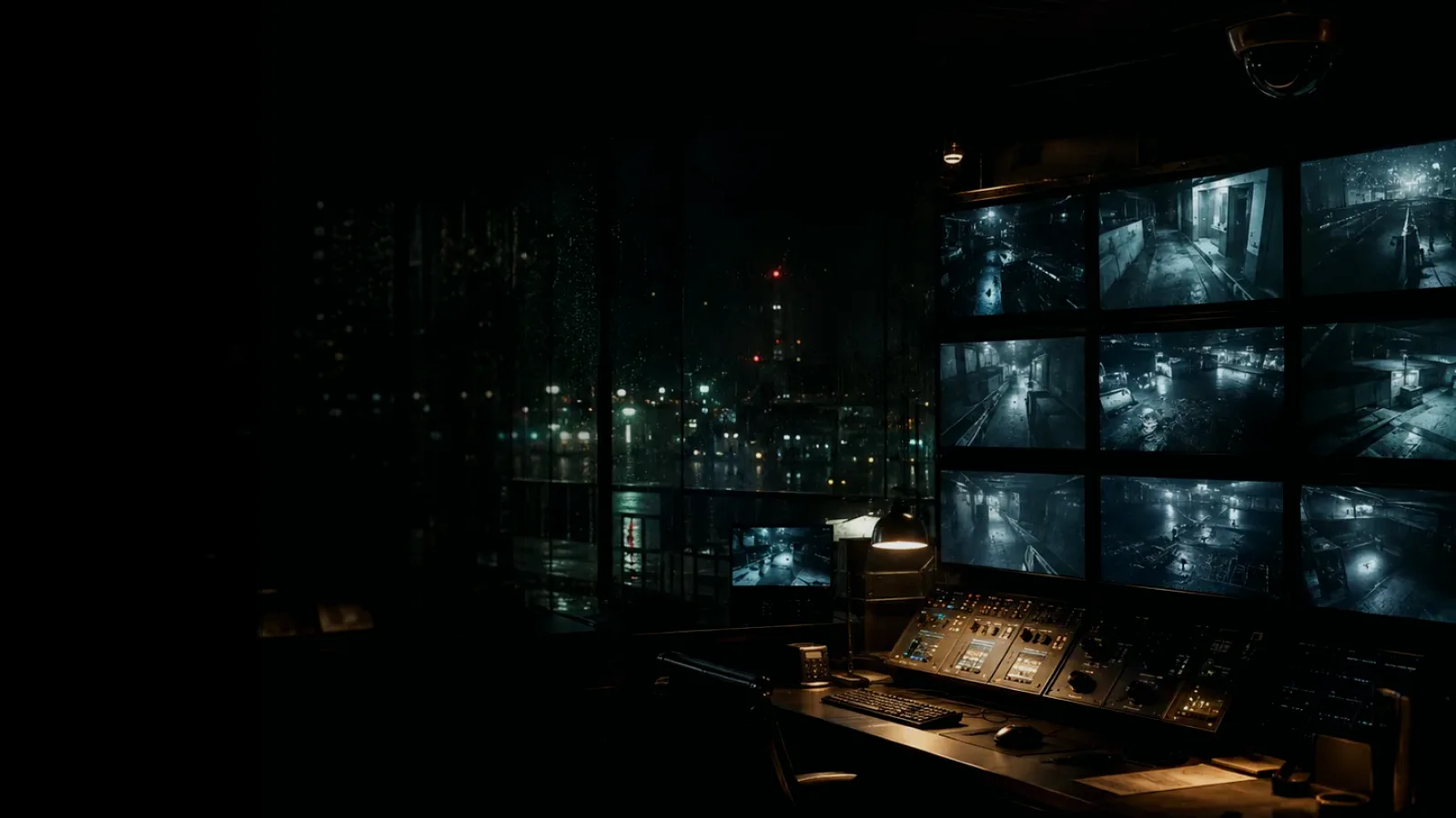 Surveillance subtopic background showing surveillance monitor wall, CCTV camera angle and physical-security observation