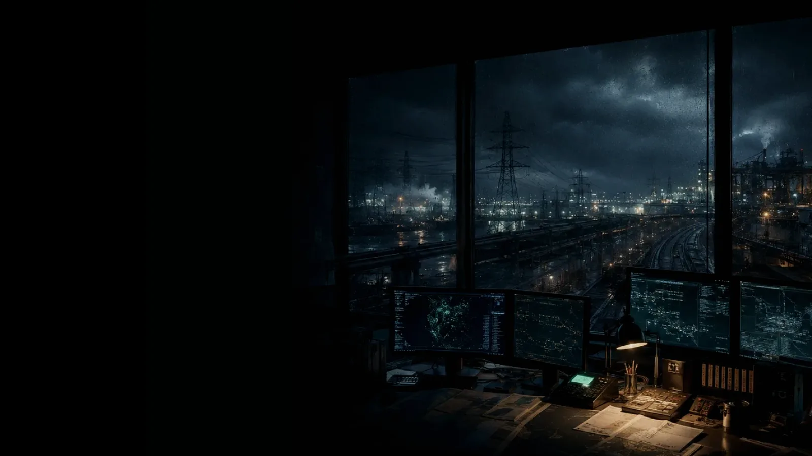 Ambulance subtopic background showing critical infrastructure map, cables, terminals and pressure in a dark operations room