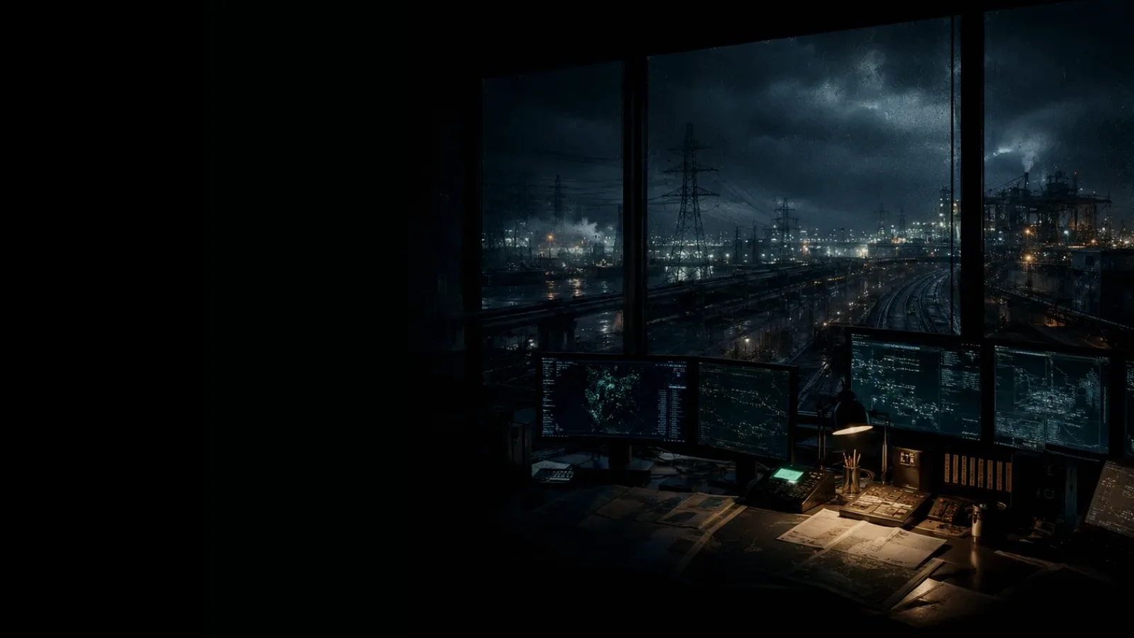 Estate Car subtopic background showing critical infrastructure map, cables, terminals and pressure in a dark operations room