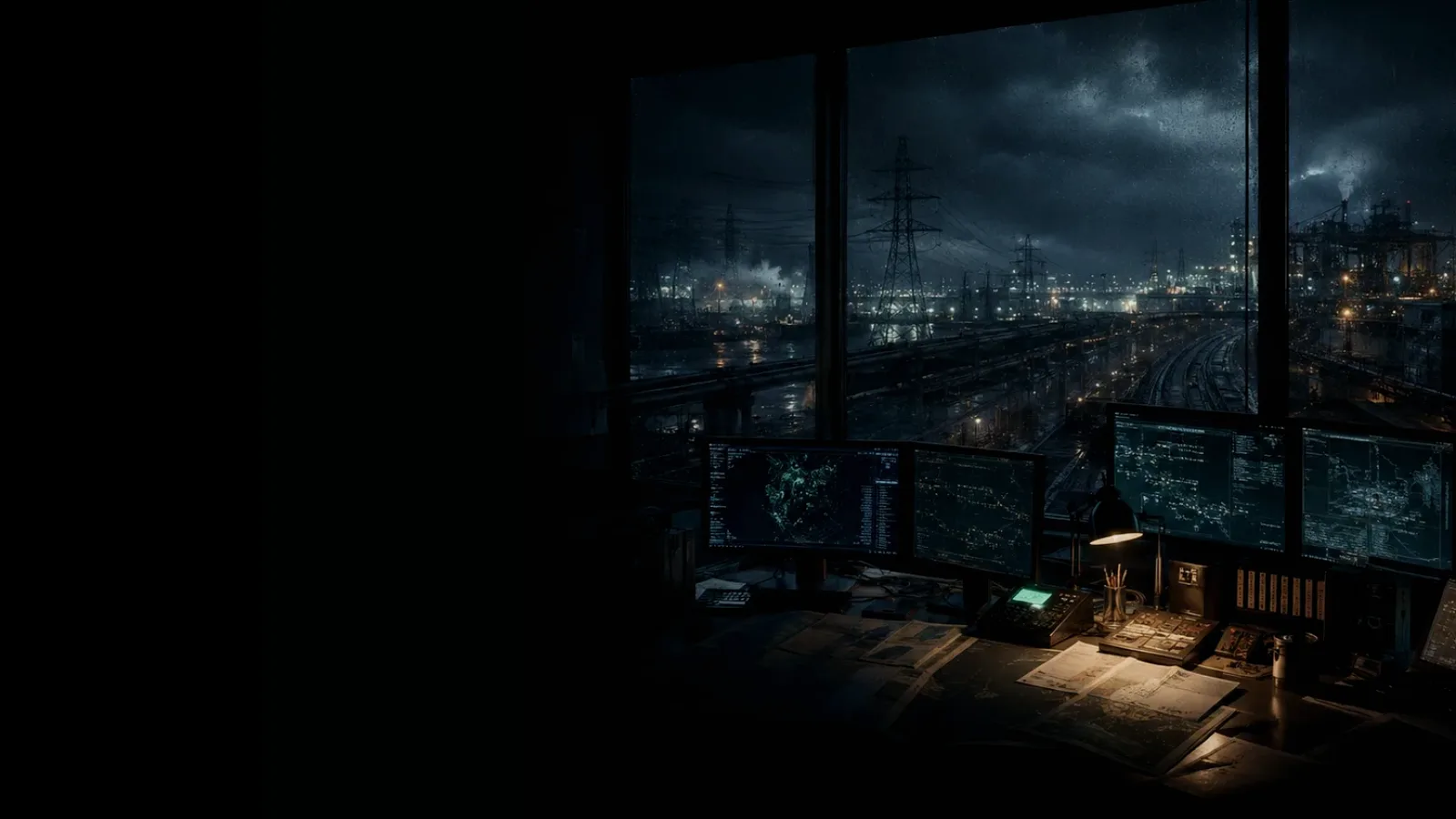 Heavy Goods Vehicle subtopic background showing critical infrastructure map, cables, terminals and pressure in a dark operations room