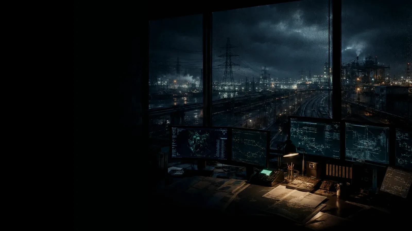 Lorry subtopic background showing critical infrastructure map, cables, terminals and pressure in a dark operations room