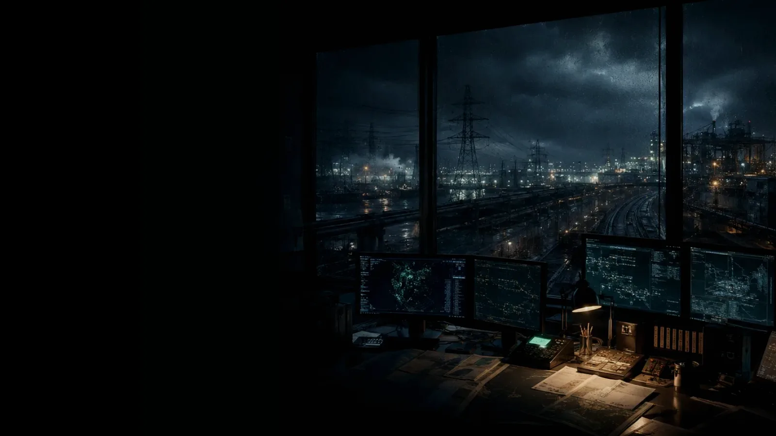 SUV subtopic background showing critical infrastructure map, cables, terminals and pressure in a dark operations room