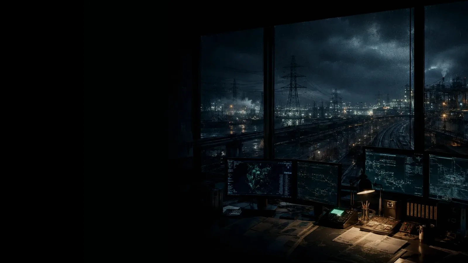 Truck subtopic background showing critical infrastructure map, cables, terminals and pressure in a dark operations room