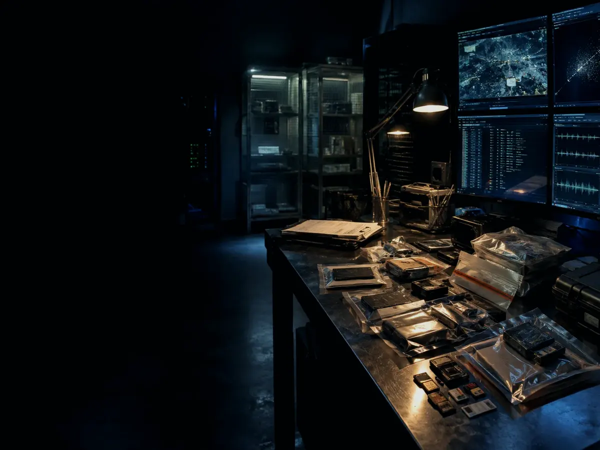 How Does Physical Evidence Recovery Work? article hero image showing sealed evidence locker, forensic workstation and chain-of-custody documents