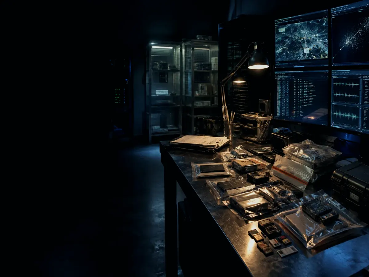 What Happens During Physical Evidence Recovery? article hero image showing sealed evidence locker, forensic workstation and chain-of-custody documents