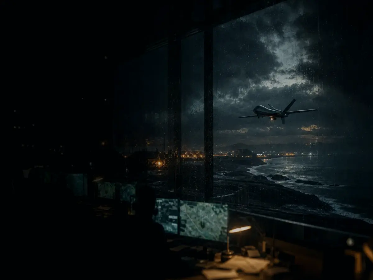 How Does a Drone Work? article hero image showing military-style uncrewed surveillance drone over a storm-lit coastal operations board