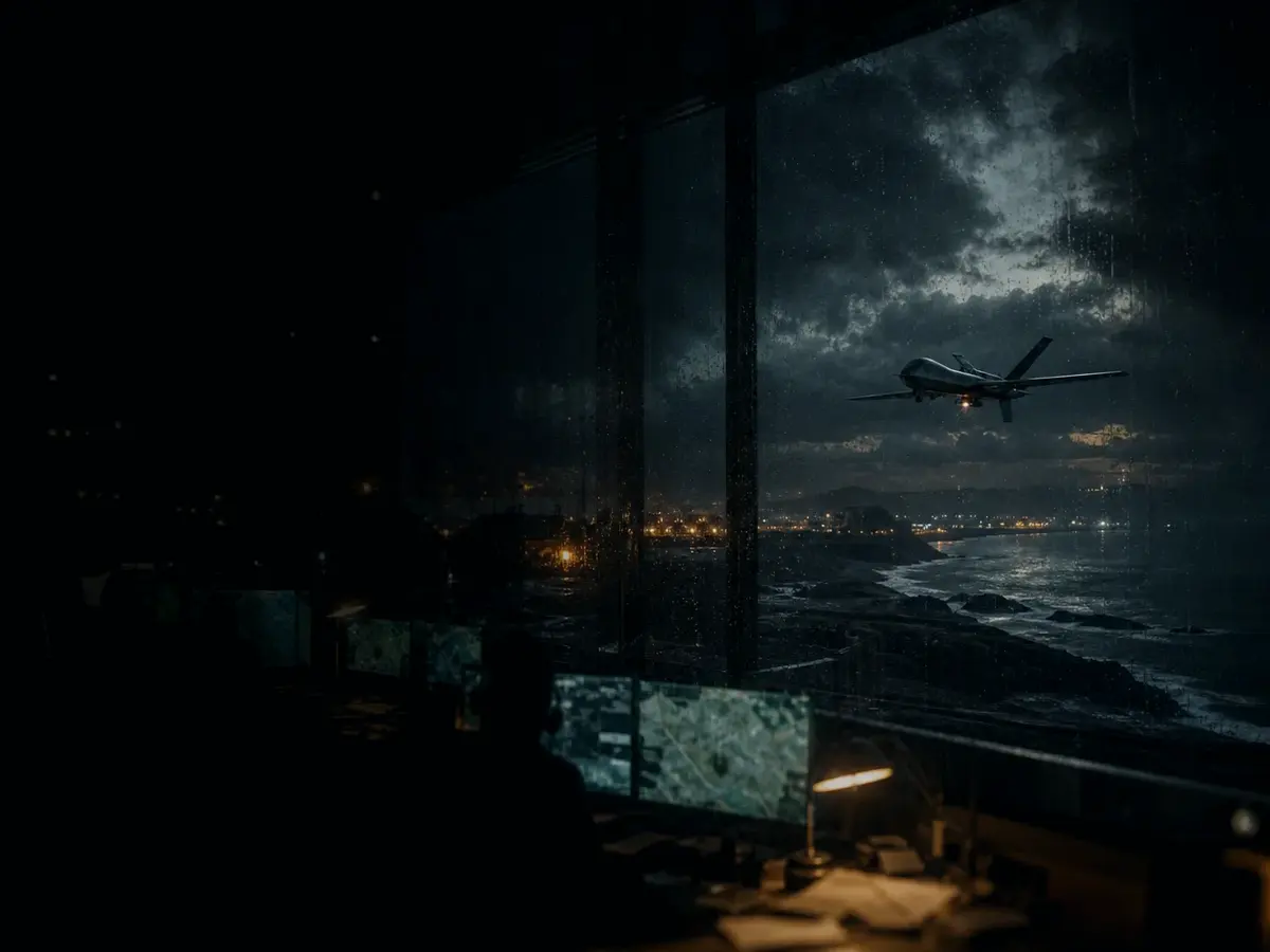 How Is a Drone Used in Emergency or Operational Work? article hero image showing military-style uncrewed surveillance drone over a storm-lit coastal operations board