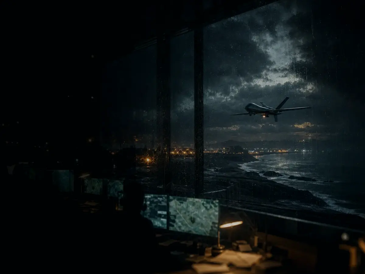 What Is a Drone Used For? article hero image showing military-style uncrewed surveillance drone over a storm-lit coastal operations board