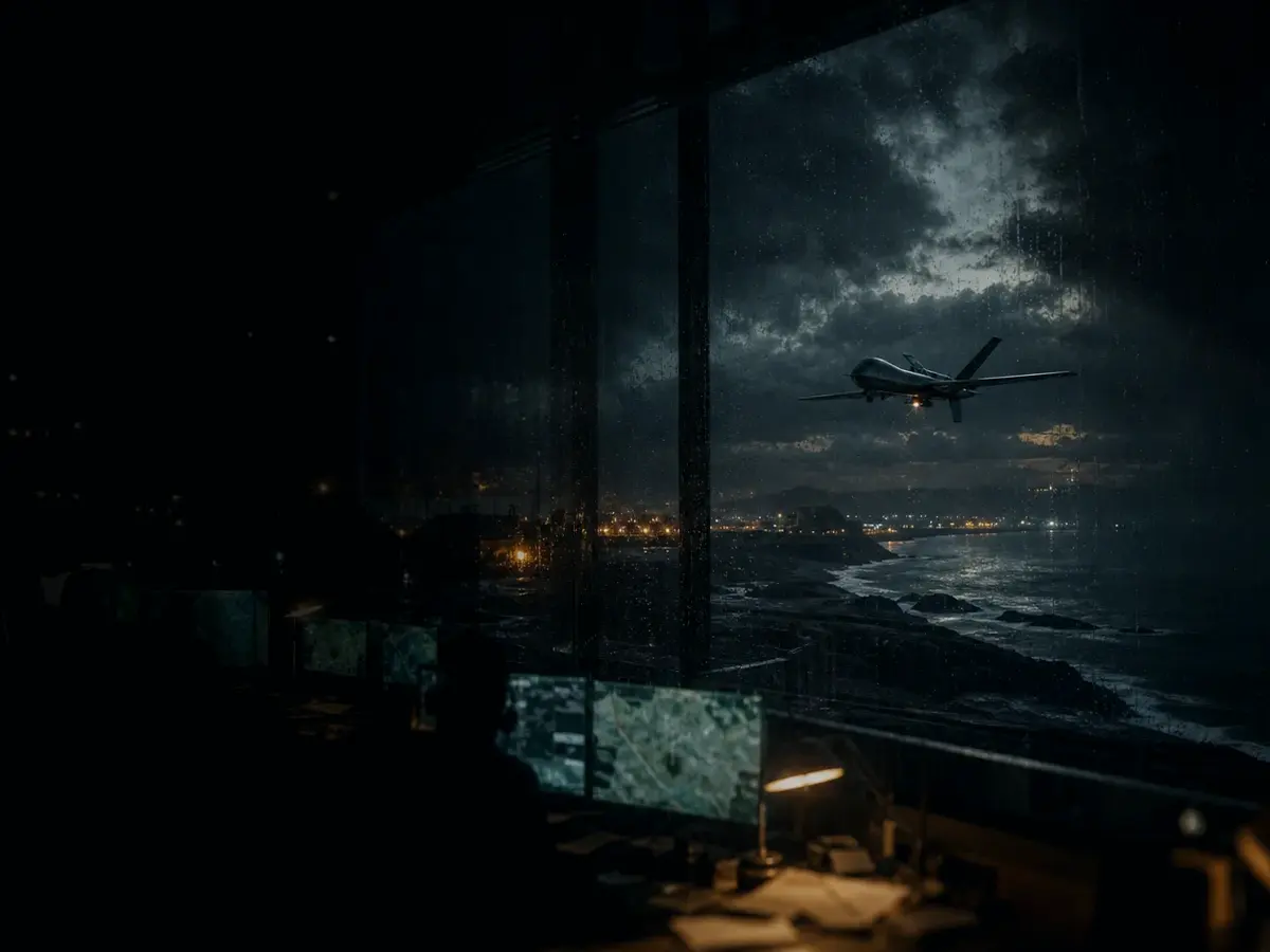 What Is a Drone? article hero image showing military-style uncrewed surveillance drone over a storm-lit coastal operations board