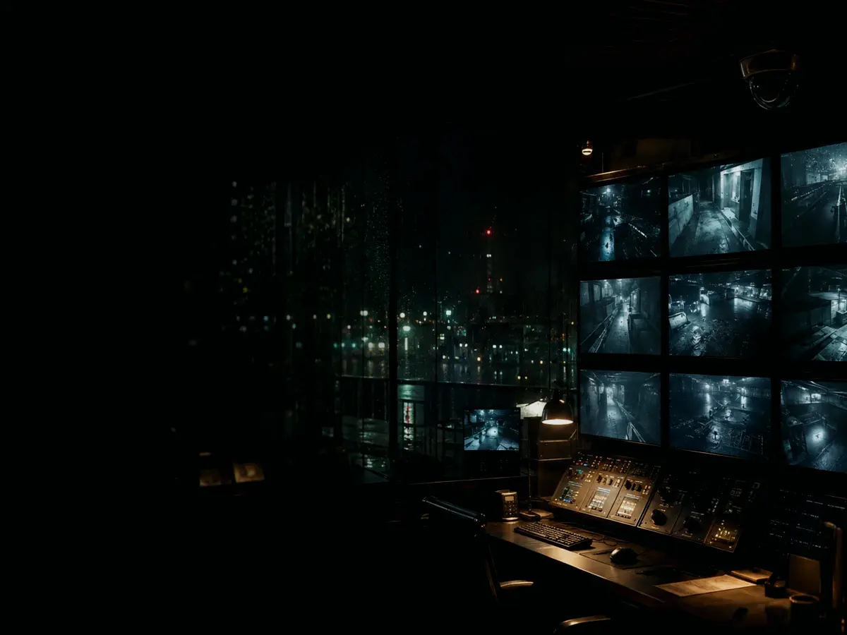 What Happens After Intelligence Surveillance? article hero image showing surveillance monitor wall, CCTV camera angle and physical-security observation