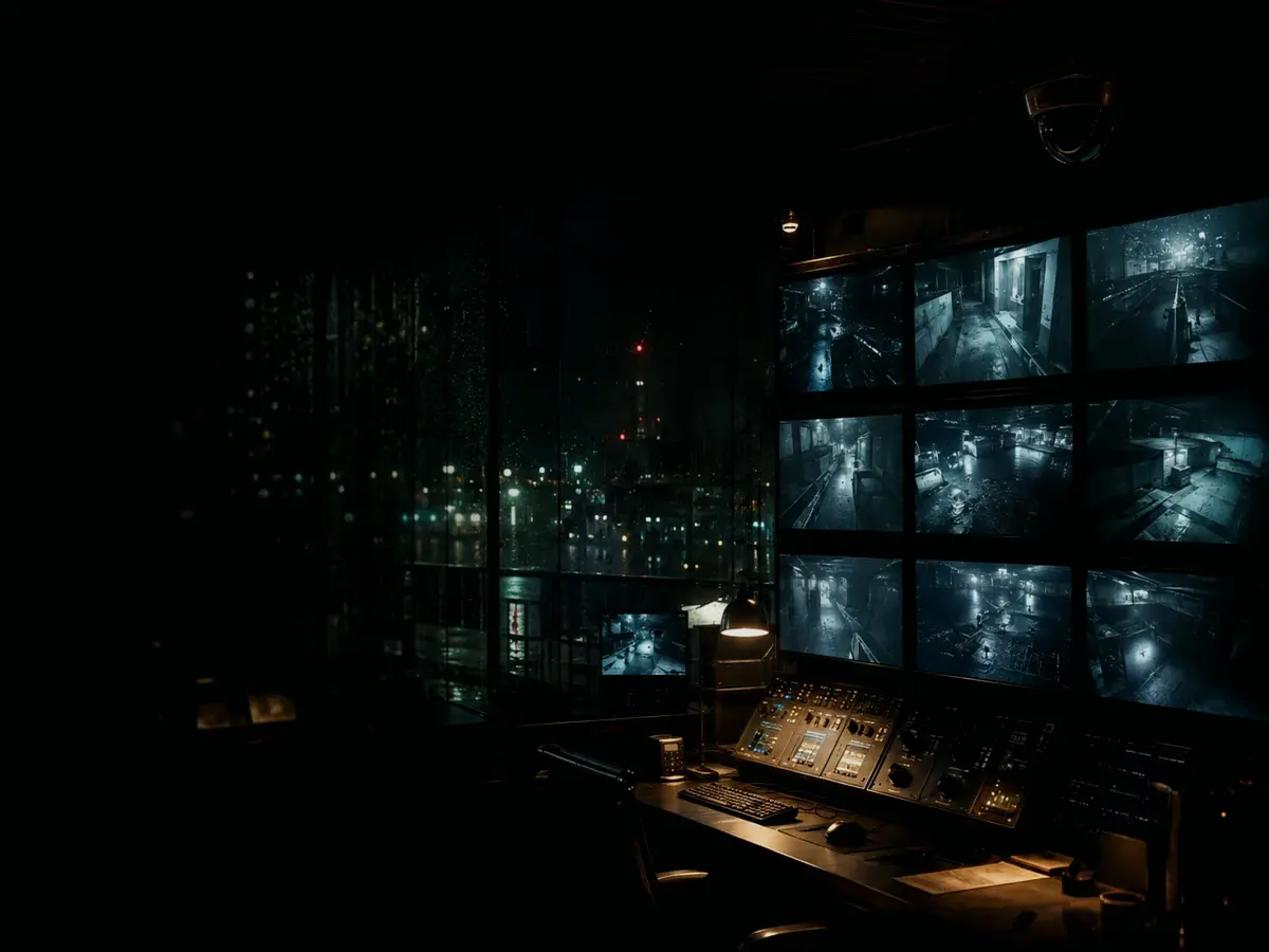 What Happens During Intelligence Surveillance? article hero image showing surveillance monitor wall, CCTV camera angle and physical-security observation