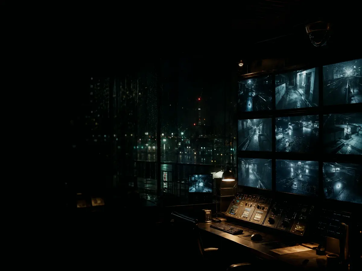 What Records Are Created During Intelligence Surveillance? article hero image showing surveillance monitor wall, CCTV camera angle and physical-security observation
