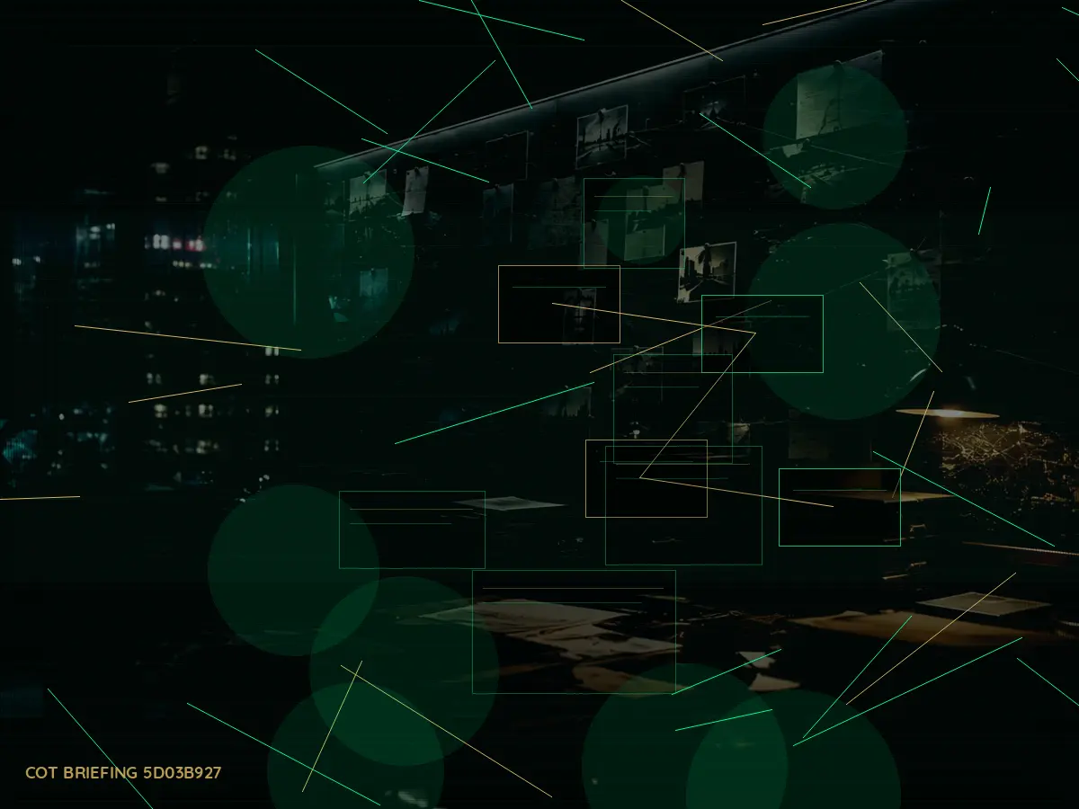 What Is Secure Communications? article hero image showing secure intelligence briefing room, evidence board and official files under pressure