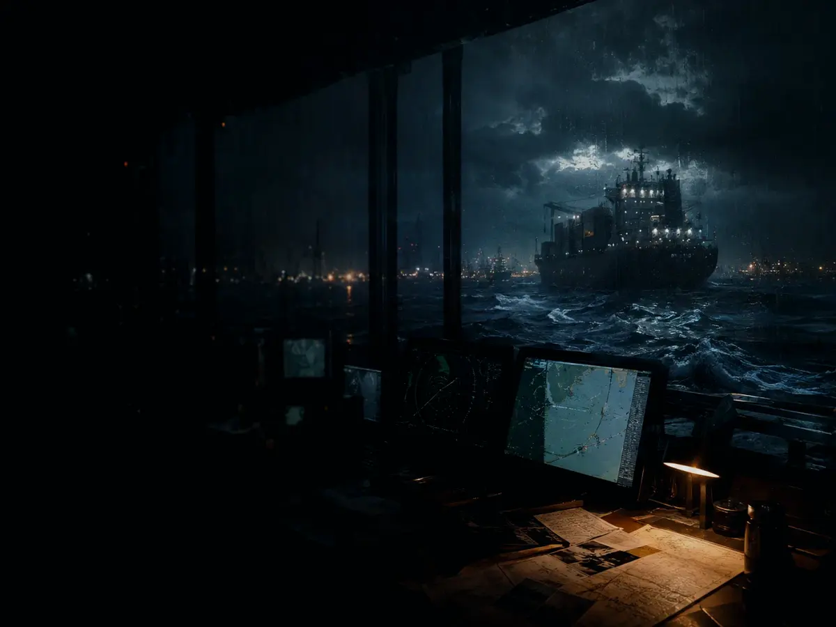 What Is Emergency Communications? article hero image showing container ship and harbour operations under storm light with evidence-board tension