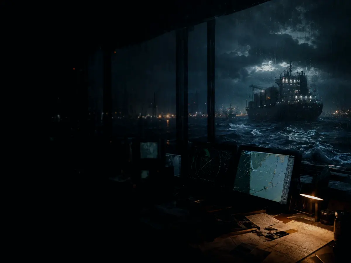What Happens If a Marine Working Channel Is Unavailable or Wrong? article hero image showing container ship and harbour operations under storm light with evidence-board tension