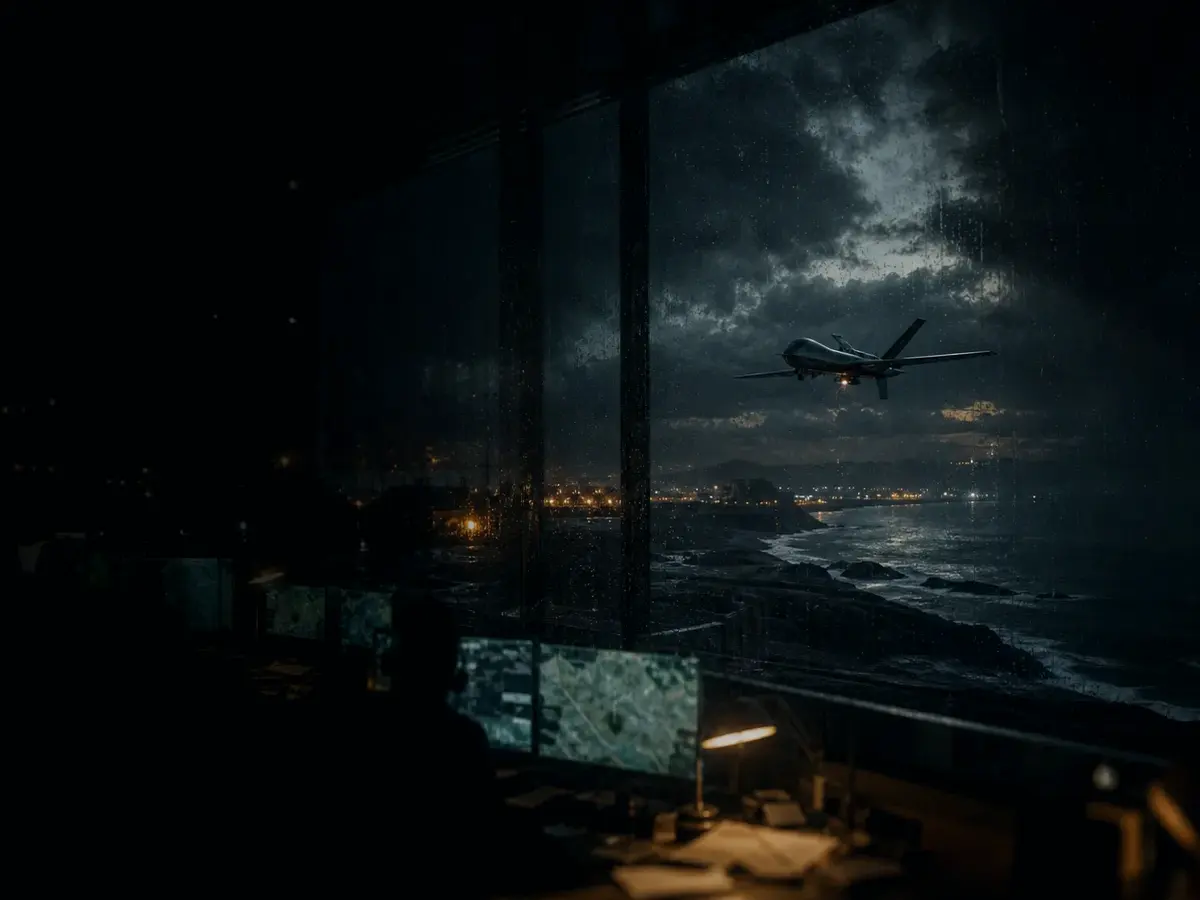 What Does Drone Surveillance Mean in Practice? article hero image showing military-style uncrewed surveillance drone over a storm-lit coastal operations board