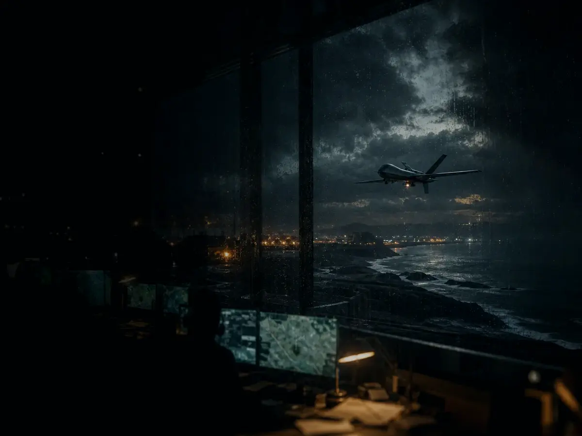 What Is Drone Surveillance? article hero image showing military-style uncrewed surveillance drone over a storm-lit coastal operations board