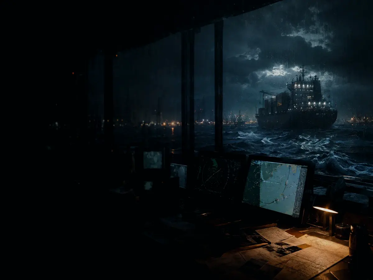 What Is Rain and Marine Navigation? article hero image showing container ship and harbour operations under storm light with evidence-board tension