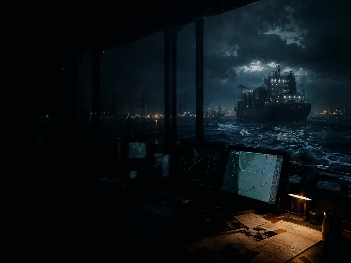 What Does Tidal Current Mean in Practice? article hero image showing container ship and harbour operations under storm light with evidence-board tension