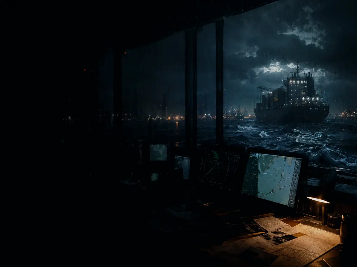 What Is Water Depth? article hero image showing container ship and harbour operations under storm light with evidence-board tension