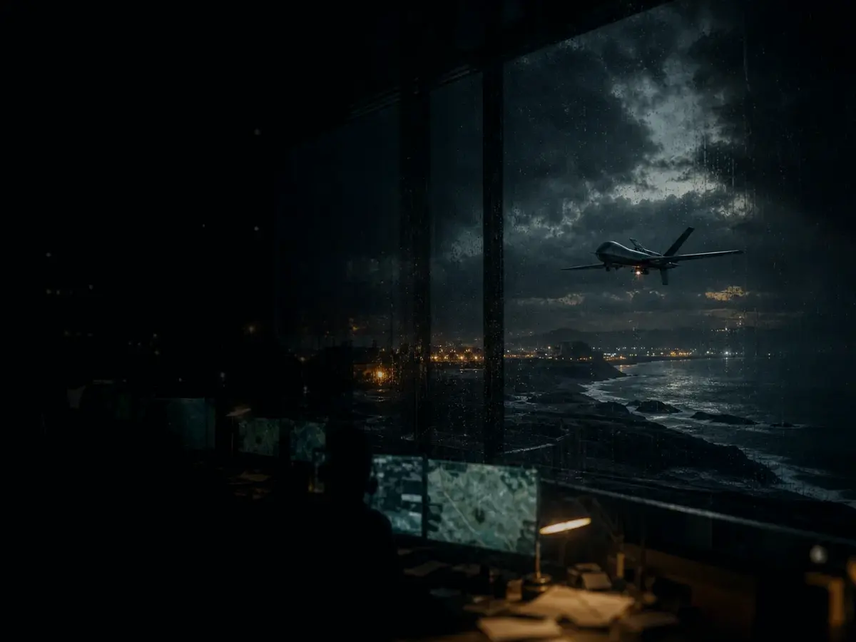 Why Is Drone Surveillance Important? article hero image showing military-style uncrewed surveillance drone over a storm-lit coastal operations board