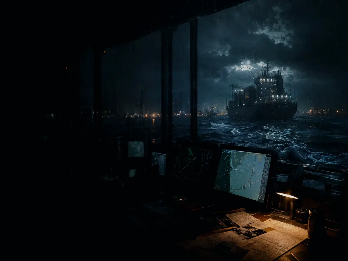 Does AIS Prevent Ship Collisions? article hero image showing ship bridge display with AIS-style vessel tracks, marine traffic plotting and harbour pressure