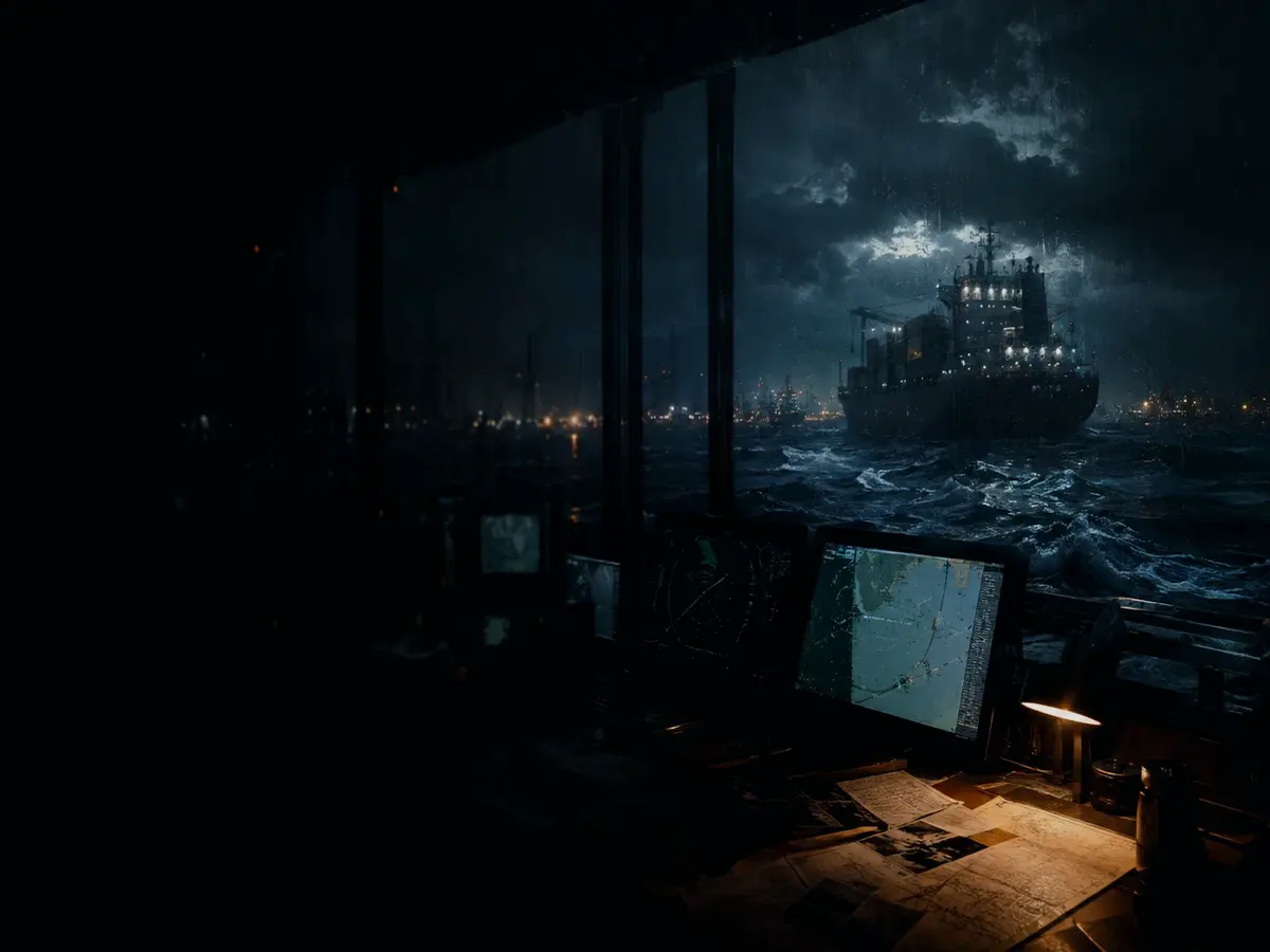 How Does Compass Cross-Check Work? article hero image showing marine radar screen, bridge watchkeeping and collision-avoidance plotting under storm light