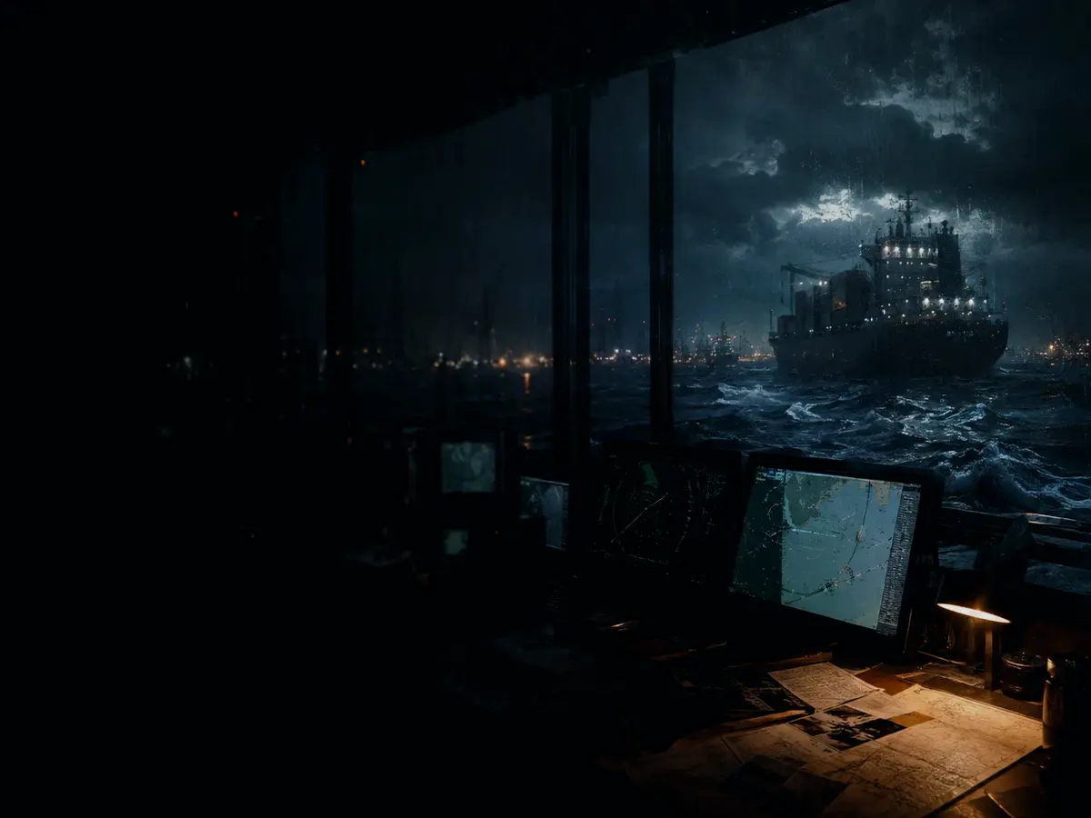 How Does Course Affect Operations? article hero image showing marine radar screen, bridge watchkeeping and collision-avoidance plotting under storm light