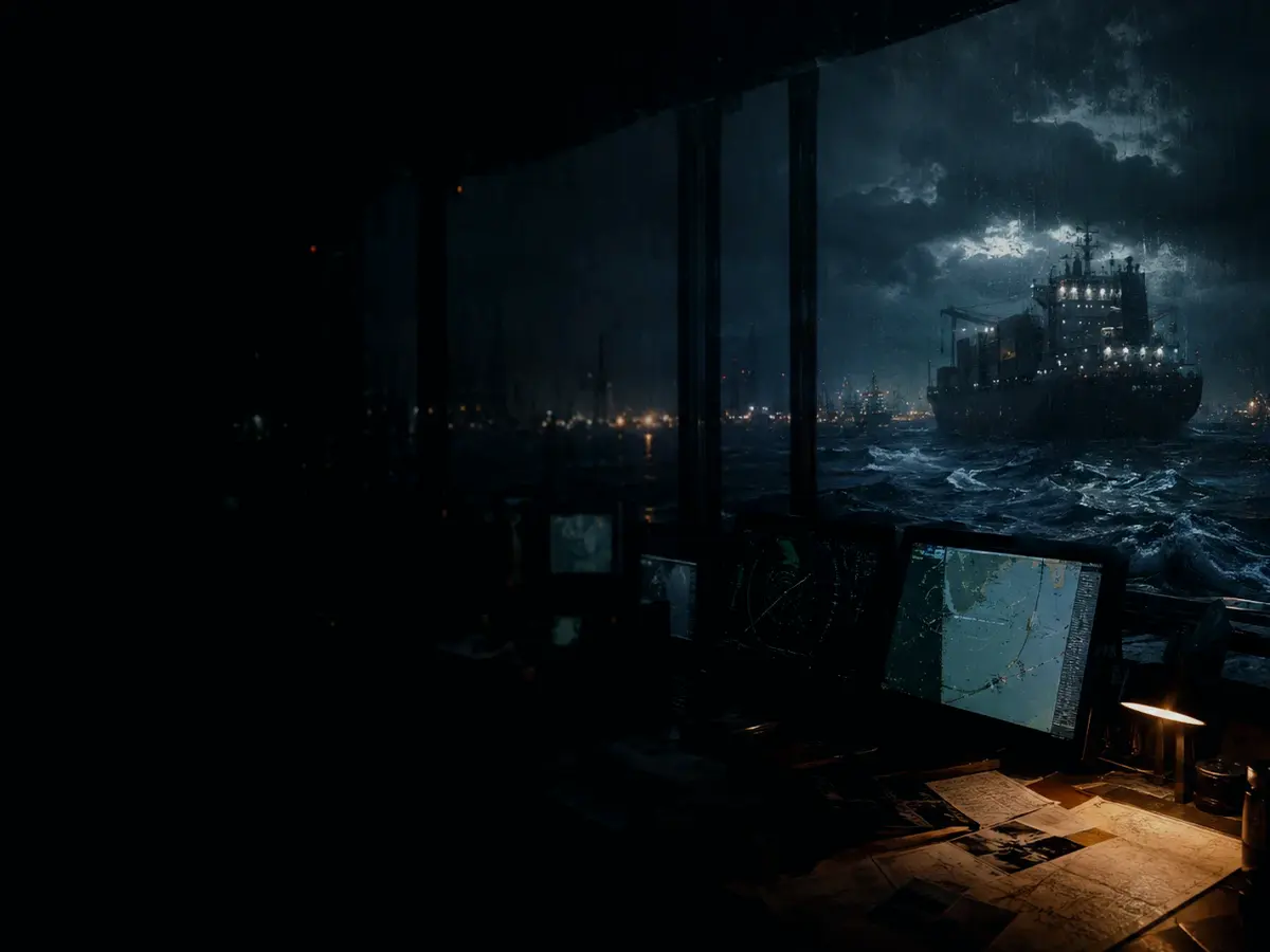 How Does a Gyrocompass Work? article hero image showing marine radar screen, bridge watchkeeping and collision-avoidance plotting under storm light