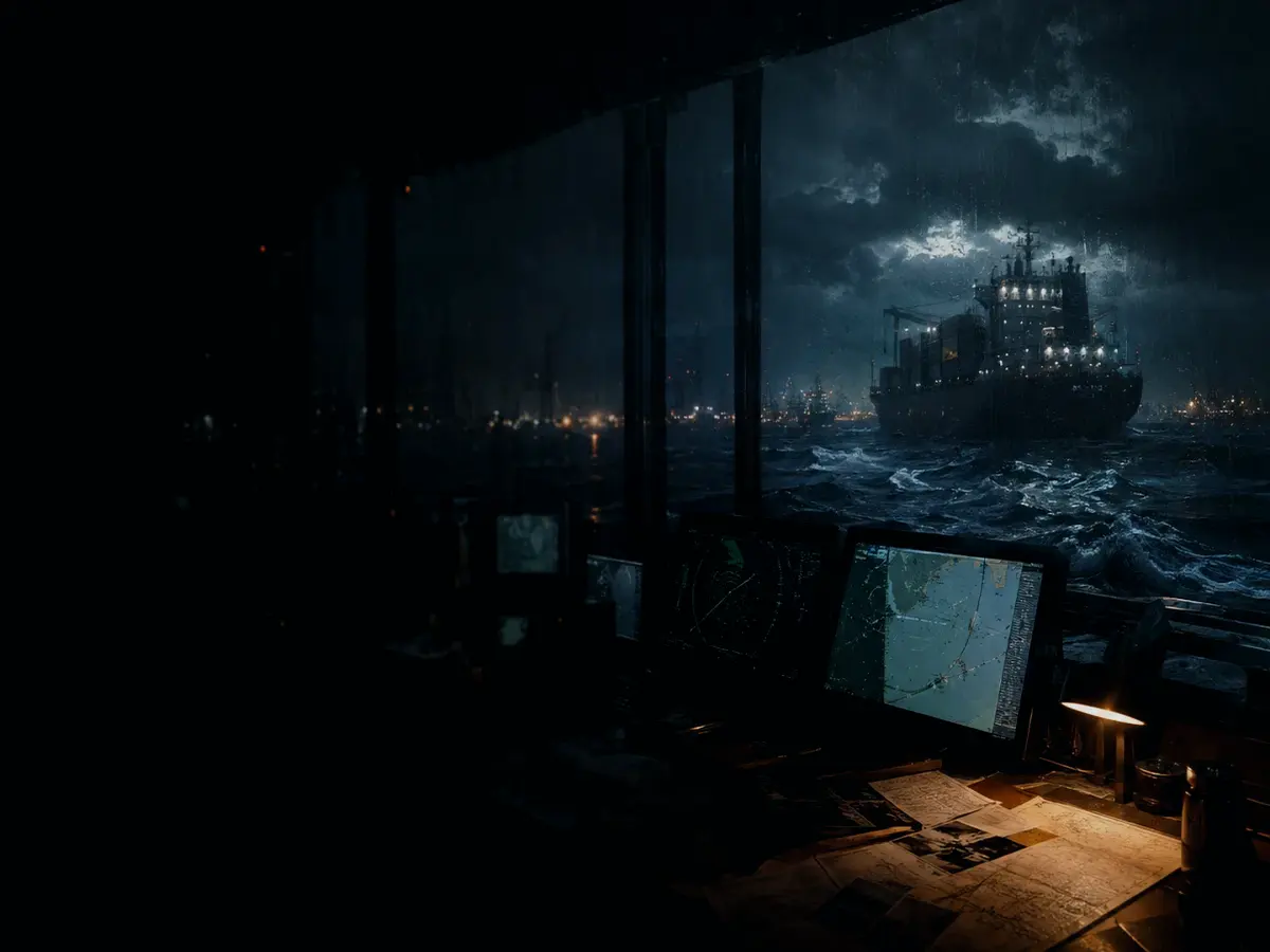 What Are the Main Parts of a Gyrocompass? article hero image showing marine radar screen, bridge watchkeeping and collision-avoidance plotting under storm light
