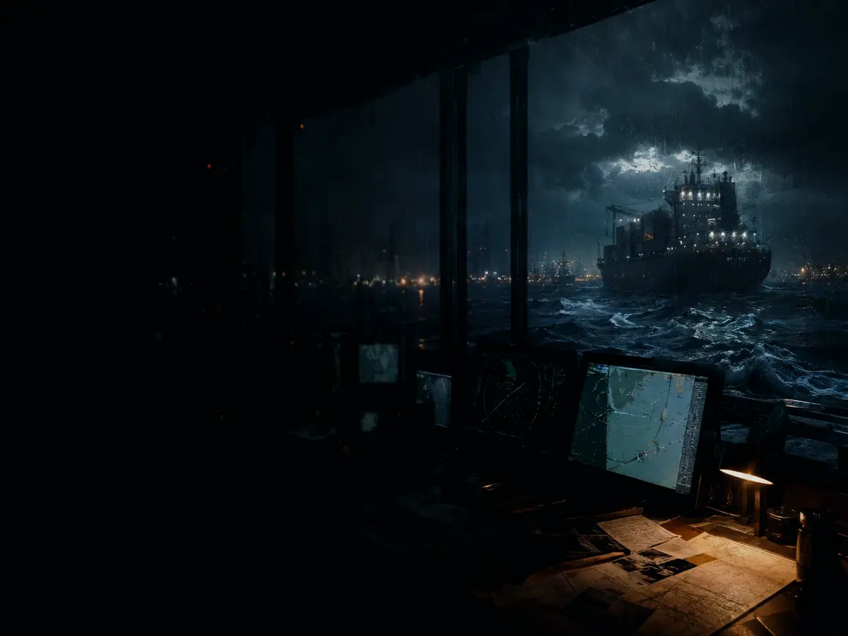 How Does Heading Affect Operations? article hero image showing marine radar screen, bridge watchkeeping and collision-avoidance plotting under storm light