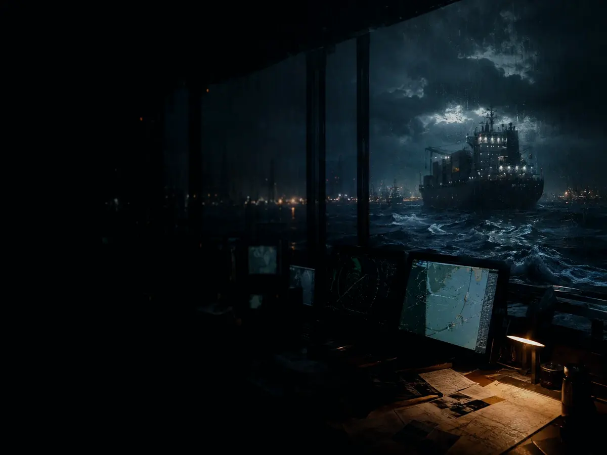 How Do Navigation Lights Work? article hero image showing marine radar screen, bridge watchkeeping and collision-avoidance plotting under storm light