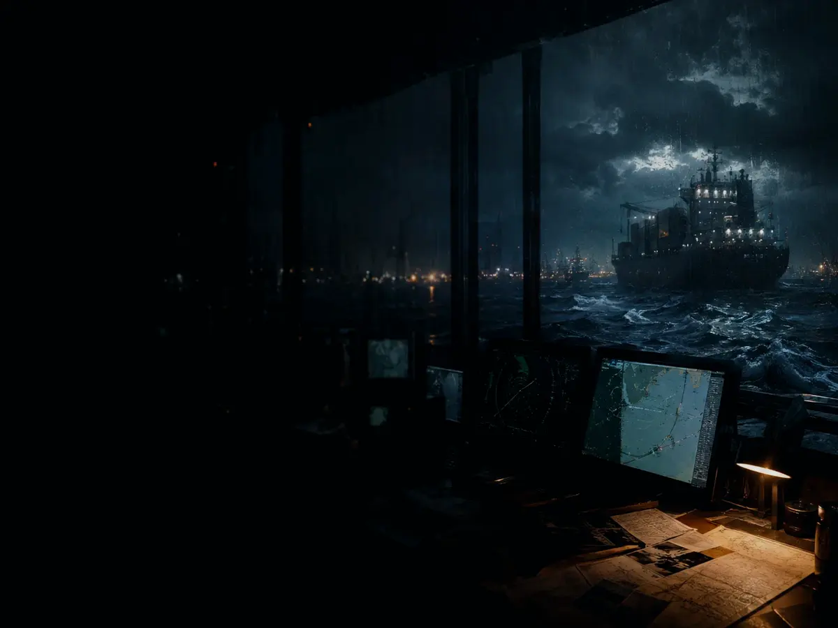 What Is a Pilot Ladder? article hero image showing marine radar screen, bridge watchkeeping and collision-avoidance plotting under storm light
