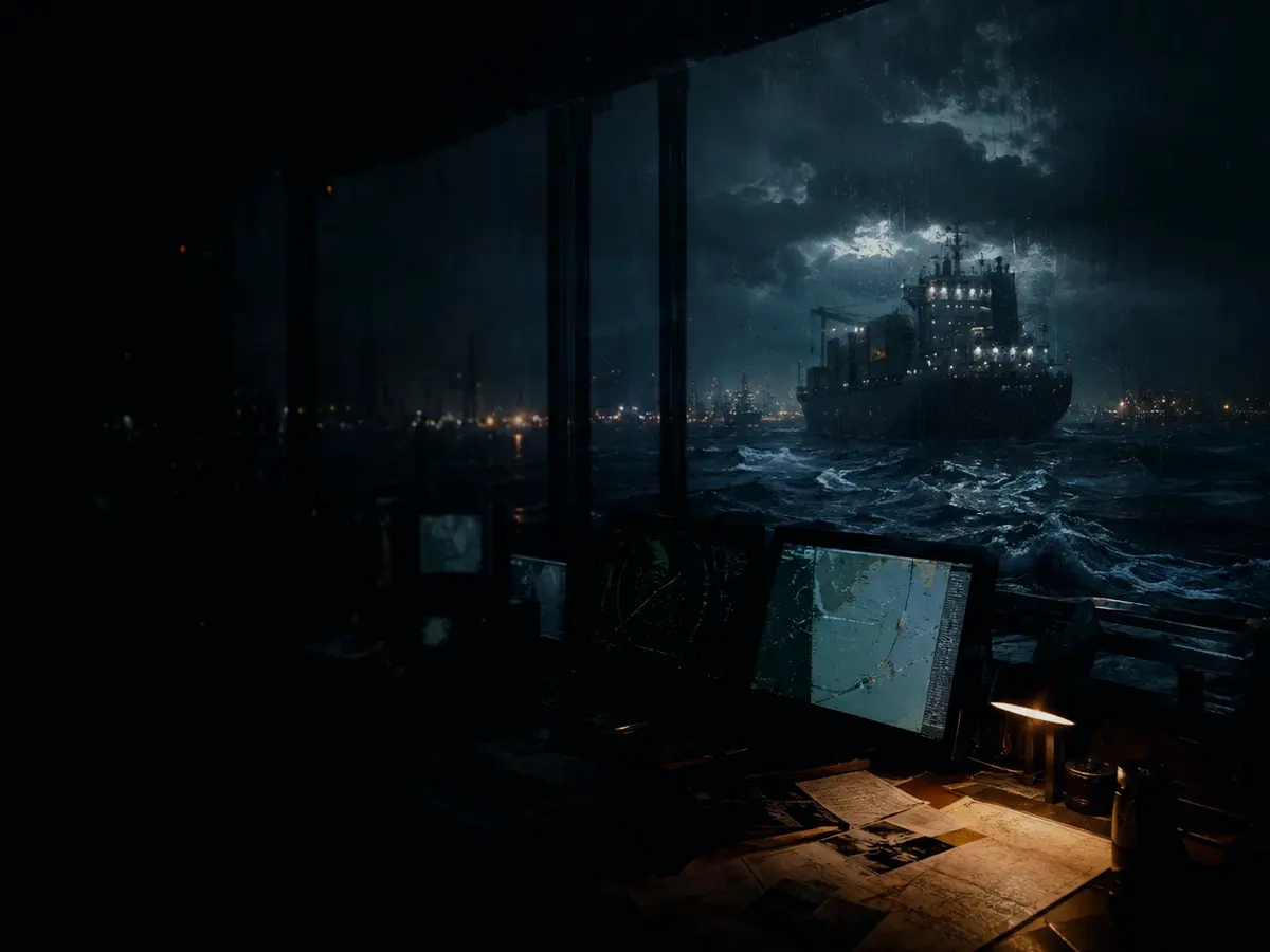 What Are the Main Limitations of Pilotage? article hero image showing marine radar screen, bridge watchkeeping and collision-avoidance plotting under storm light
