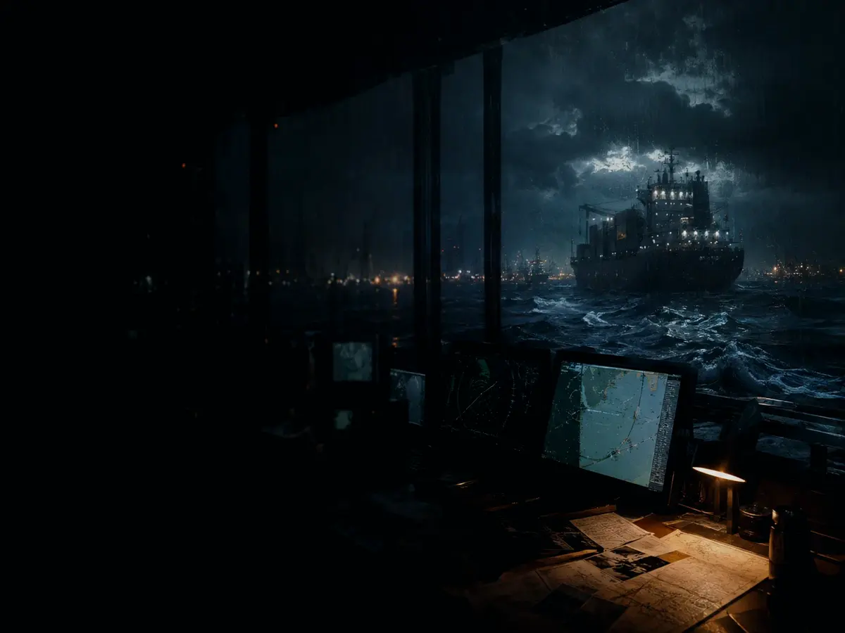 What Does a Position Fix Mean in Practice? article hero image showing marine radar screen, bridge watchkeeping and collision-avoidance plotting under storm light