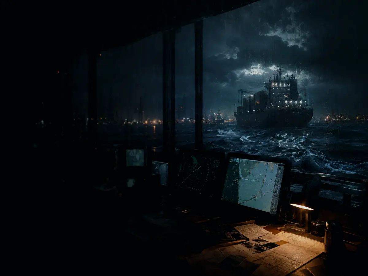 How Is Radar Range Checked or Verified? article hero image showing marine radar screen, bridge watchkeeping and collision-avoidance plotting under storm light