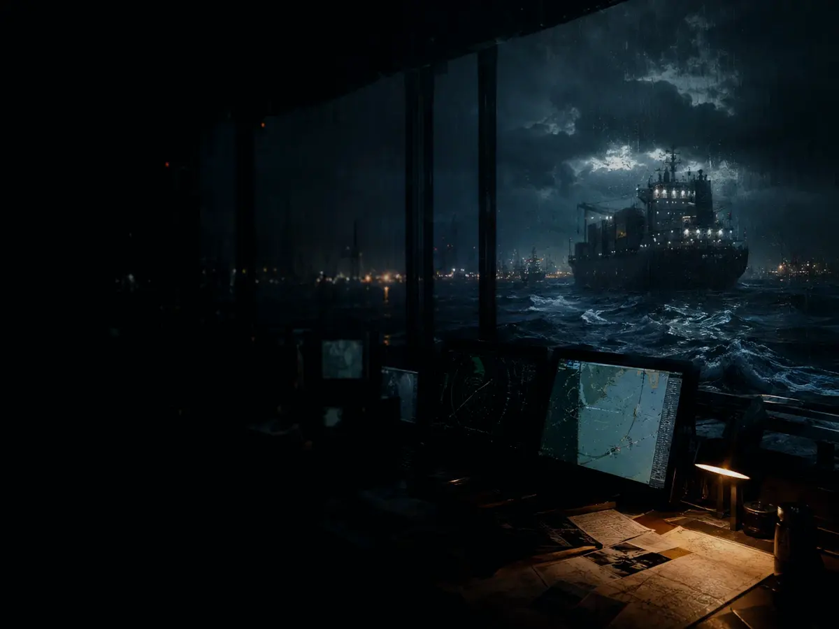 What Happens If Radar Range Is Unavailable or Wrong? article hero image showing marine radar screen, bridge watchkeeping and collision-avoidance plotting under storm light