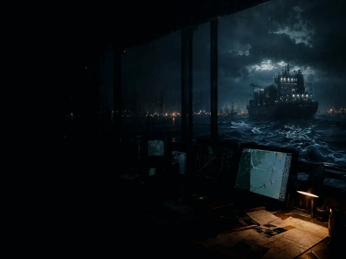 What Happens If Soundings Is Unavailable or Wrong? article hero image showing marine radar screen, bridge watchkeeping and collision-avoidance plotting under storm light