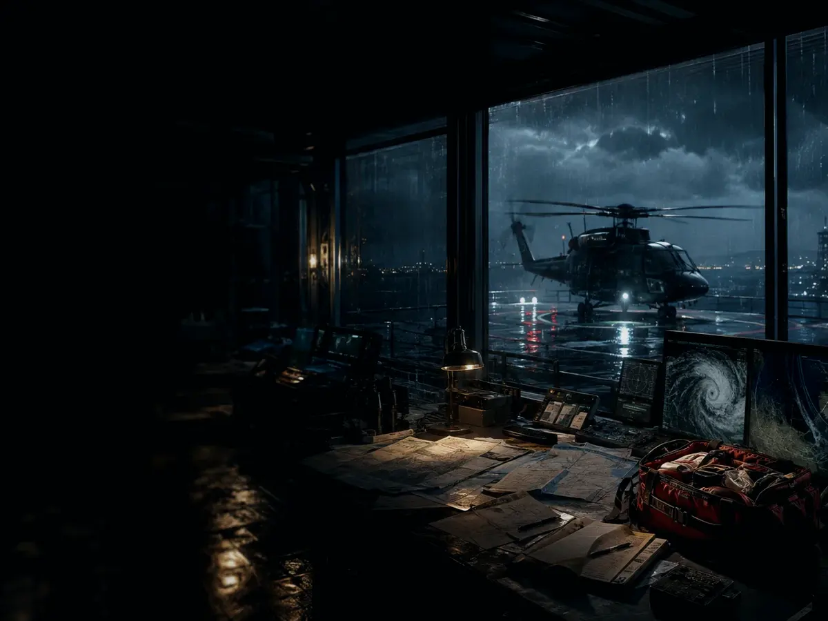 What Are the Main Safety Considerations for Helicopter? article hero image showing rescue helicopter silhouette over a night operations room and coastal weather